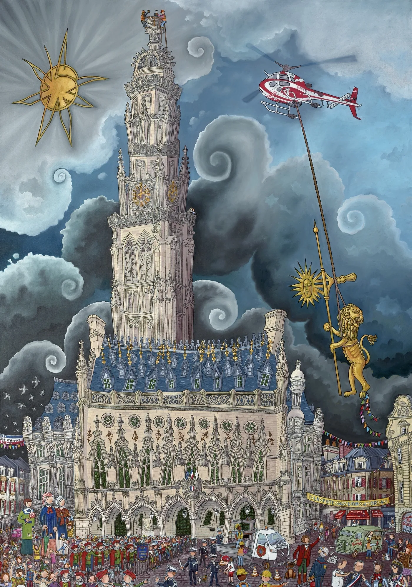 Alain Godon’s La Danse du Lion: the belfry of Arras under a stormy sky, its golden lion hanging from a helicopter above a festive crowd