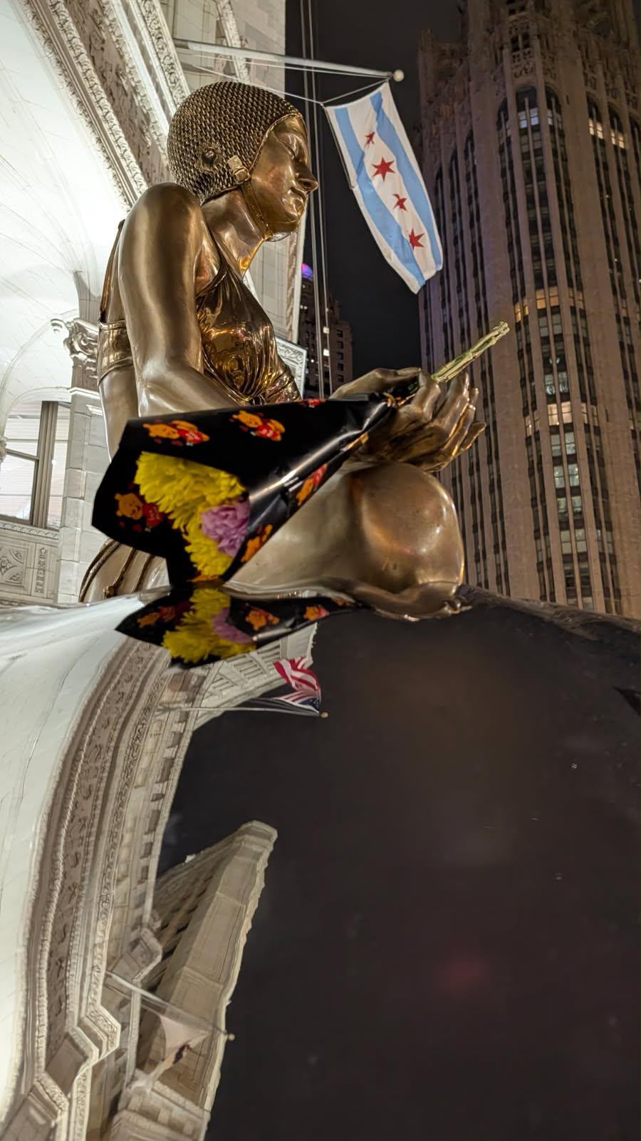 Carole A. Feuerman swimmer sculpture on Michigan Avenue at night, Chicago