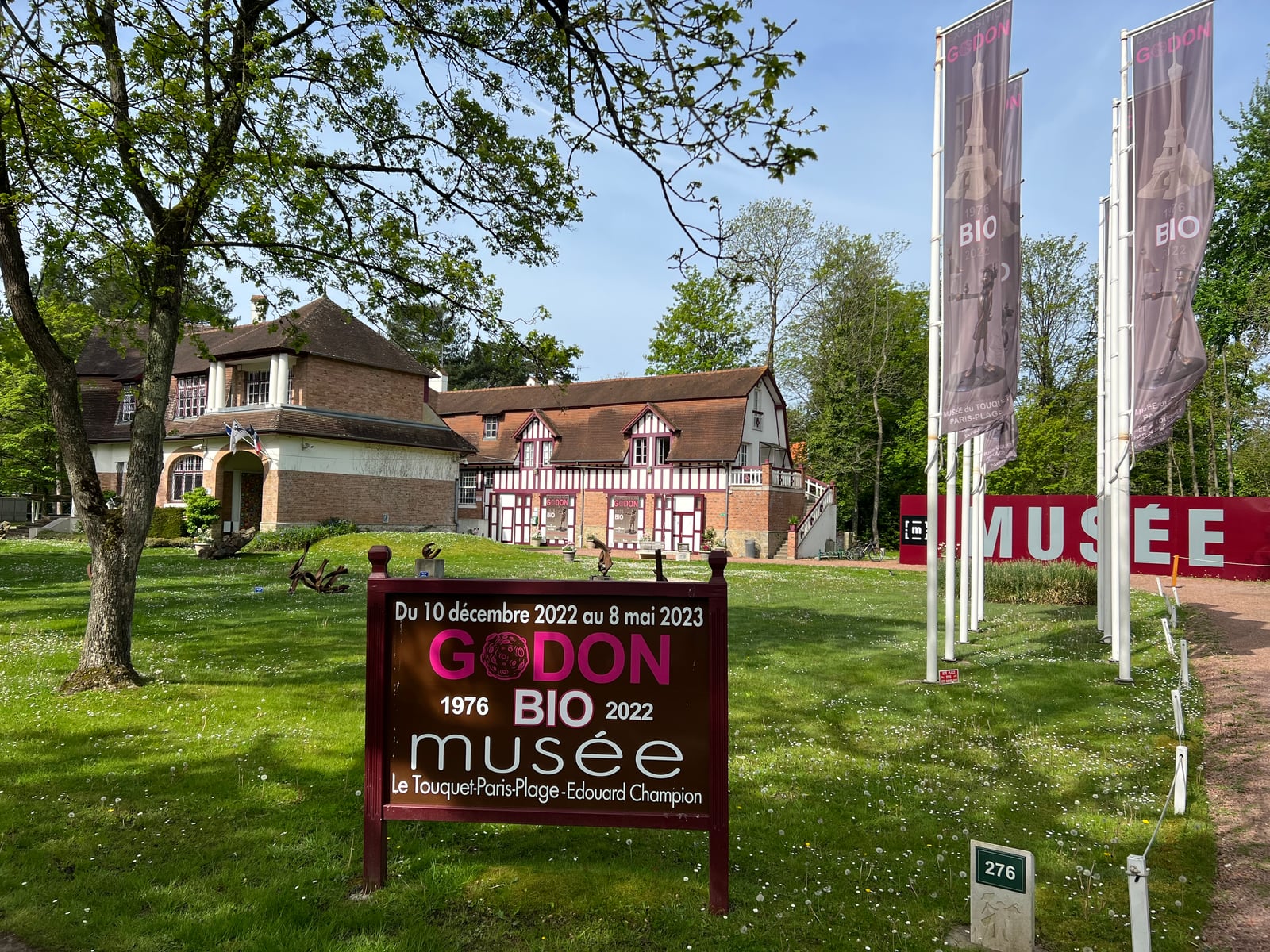 GODON BIO: the entrance of the Musée du Touquet-Paris-Plage with the exhibition sign and banners