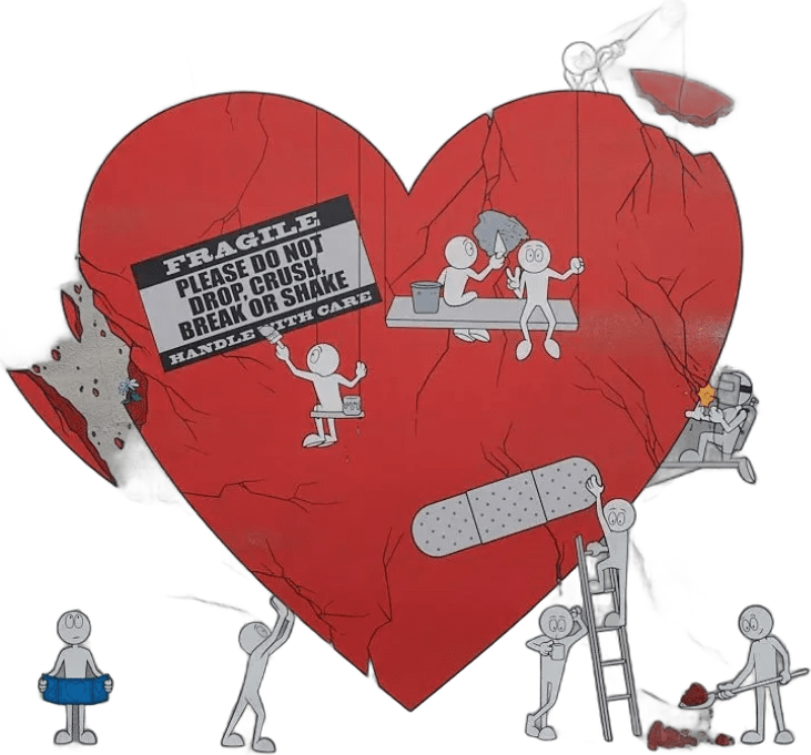 Mending Love by Kaï, 2022 serigraph: two figures repairing a large red heart with a bandage, cut out on an ivory background