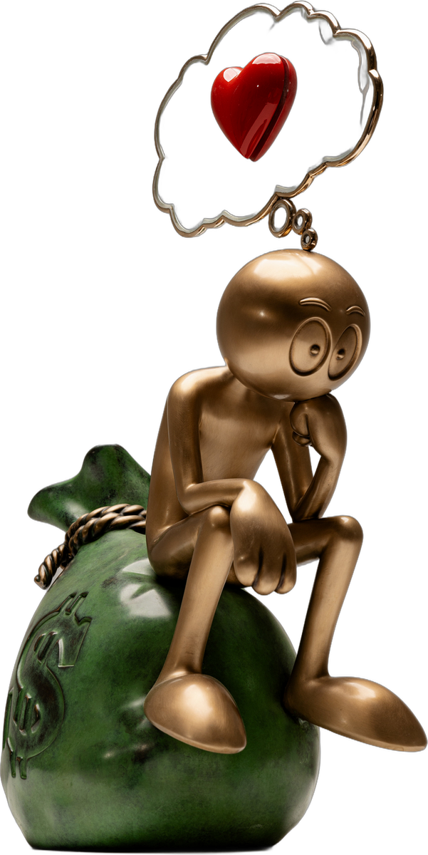 The Thinker by Kaï, 2024 bronze figure seated on a green money bag with a red heart in its thought bubble, cut out on an ivory background