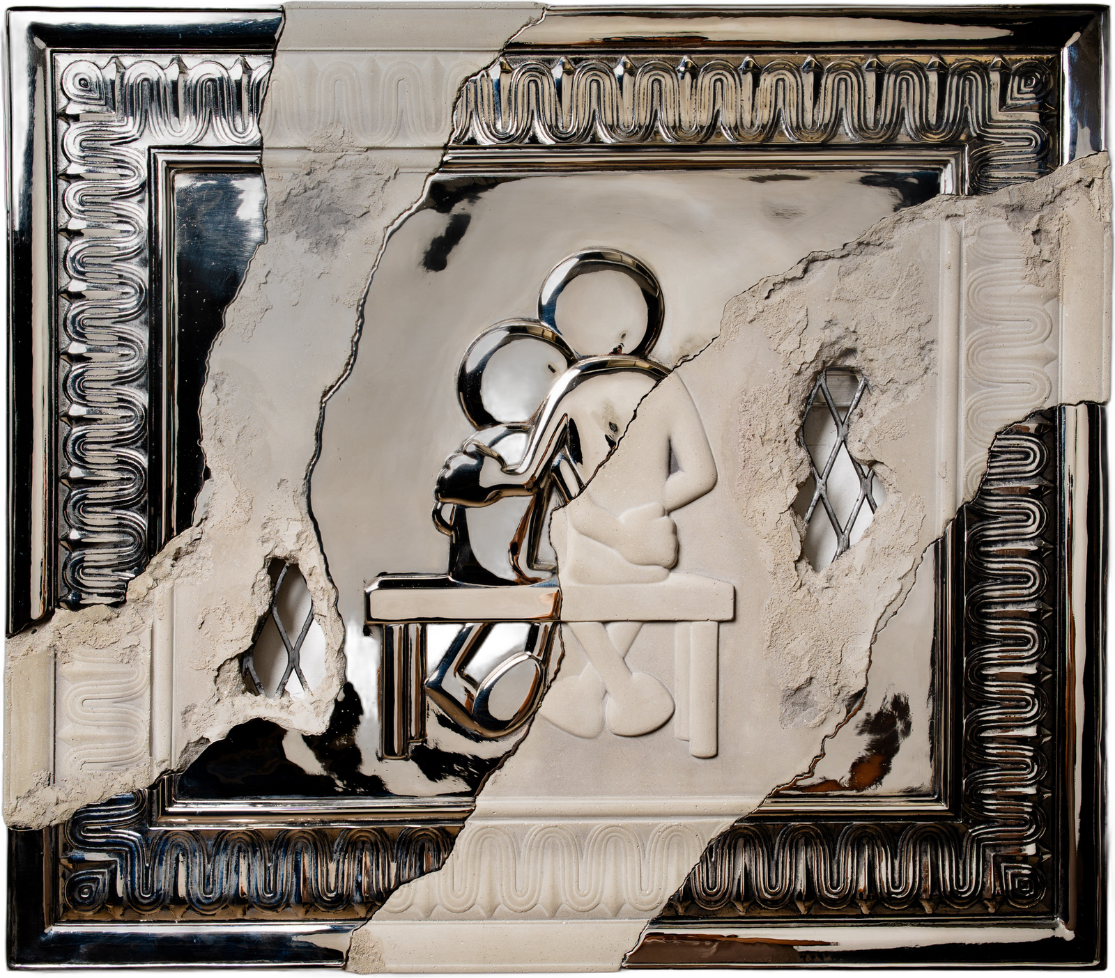 Learning (Puppy Love) by Kaï, cement plaque: a torn concrete surface revealing a chrome relief of two figures inside an ornate mirrored frame, cut out on an ivory background