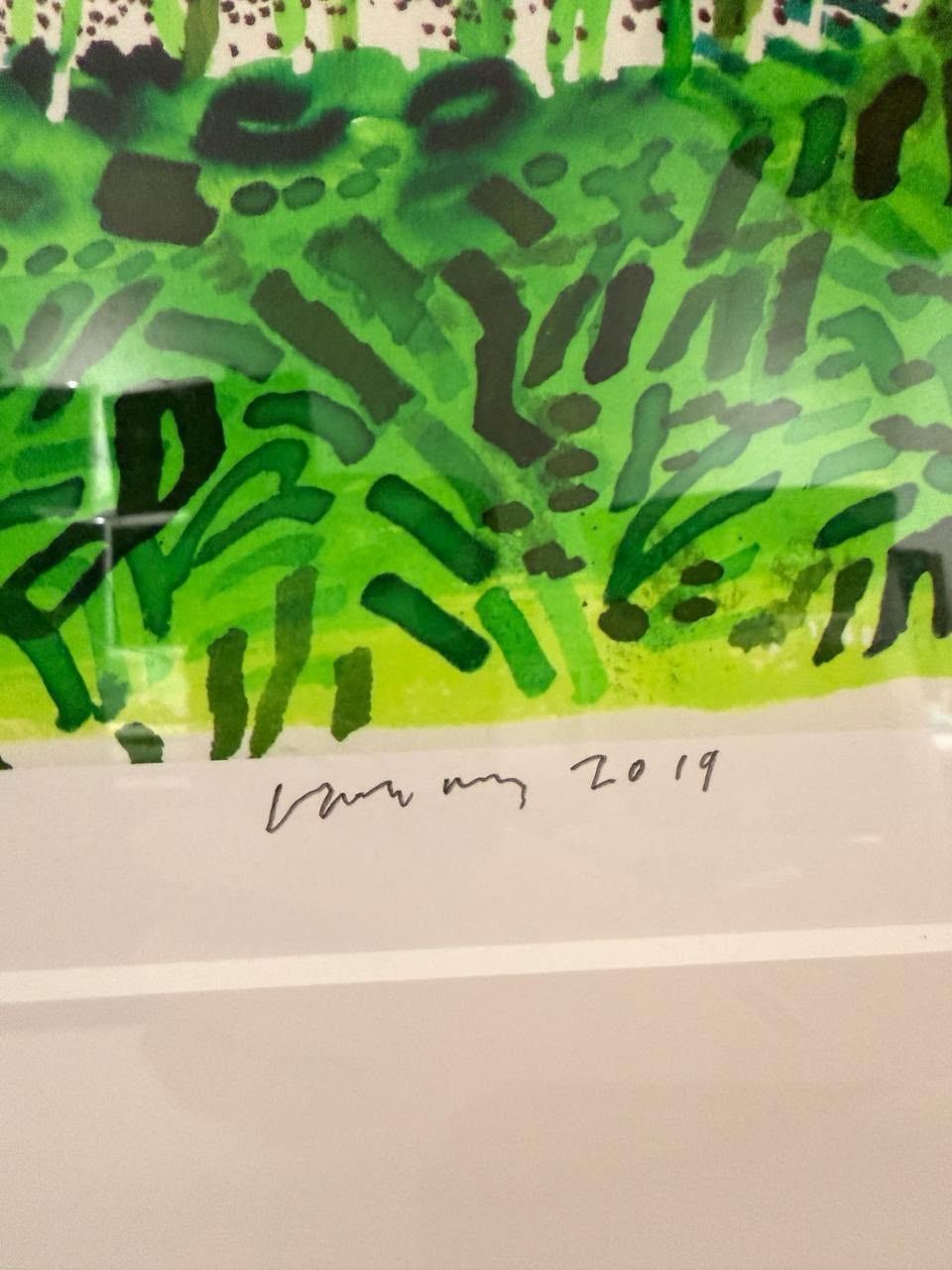 Detail of the lower right margin of David Hockney’s In Front of House Looking South, signed and dated 2019.