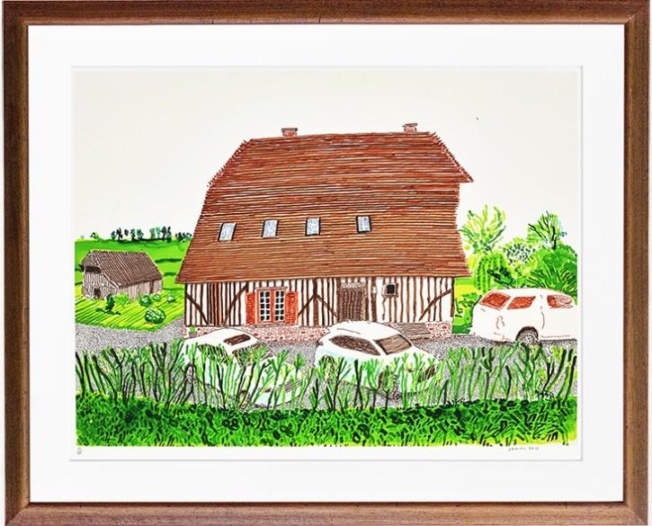 David Hockney, In Front of House Looking South, 2019, shown framed, depicting a red-roofed Normandy house, green hedges and parked cars.