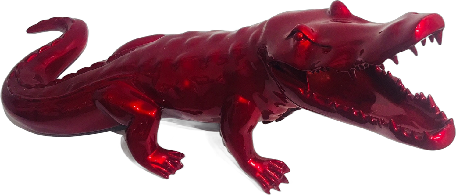 Crocodile Rouge Flamme 70 cm by Richard Orlinski, glossy red resin crocodile with open jaws, cut out on an ivory background