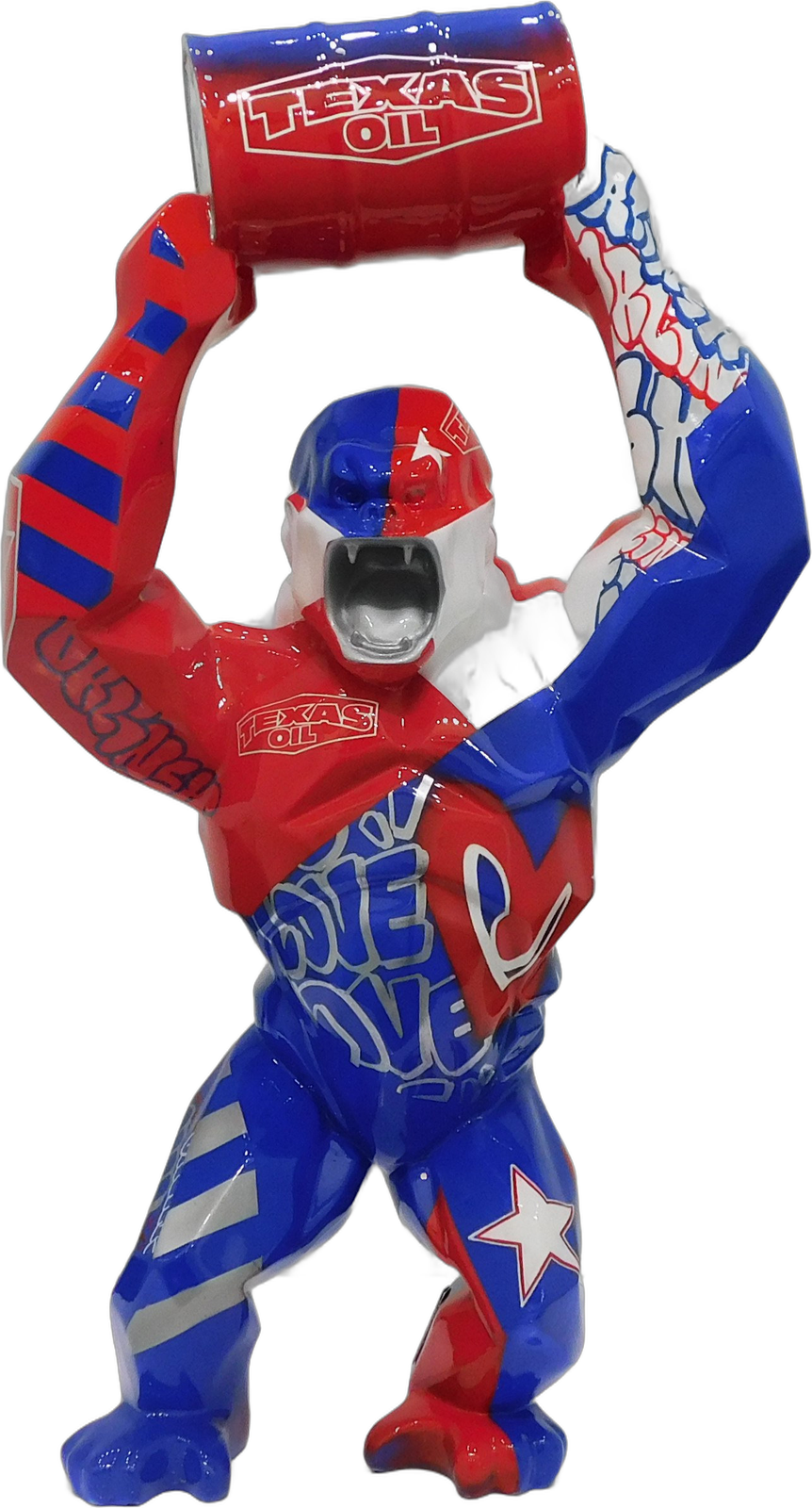 Kong Baril Tag Dallas Edition 70 cm by Richard Orlinski, gorilla raising a Texas Oil drum in red, white and blue, cut out on an ivory background