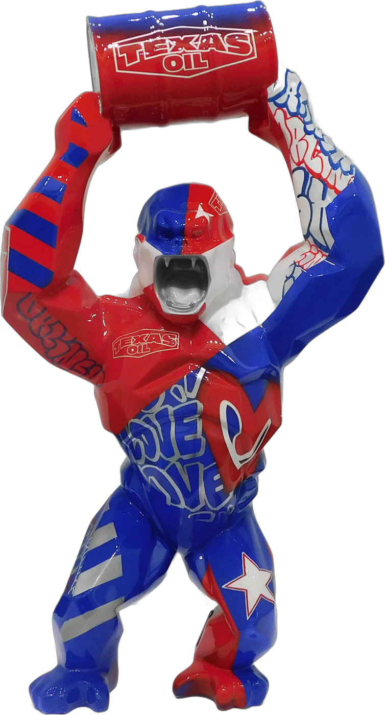 Kong Baril Tag Dallas Edition 70 cm by Richard Orlinski, gorilla raising a Texas Oil drum in red, white and blue, cut out on an ivory background