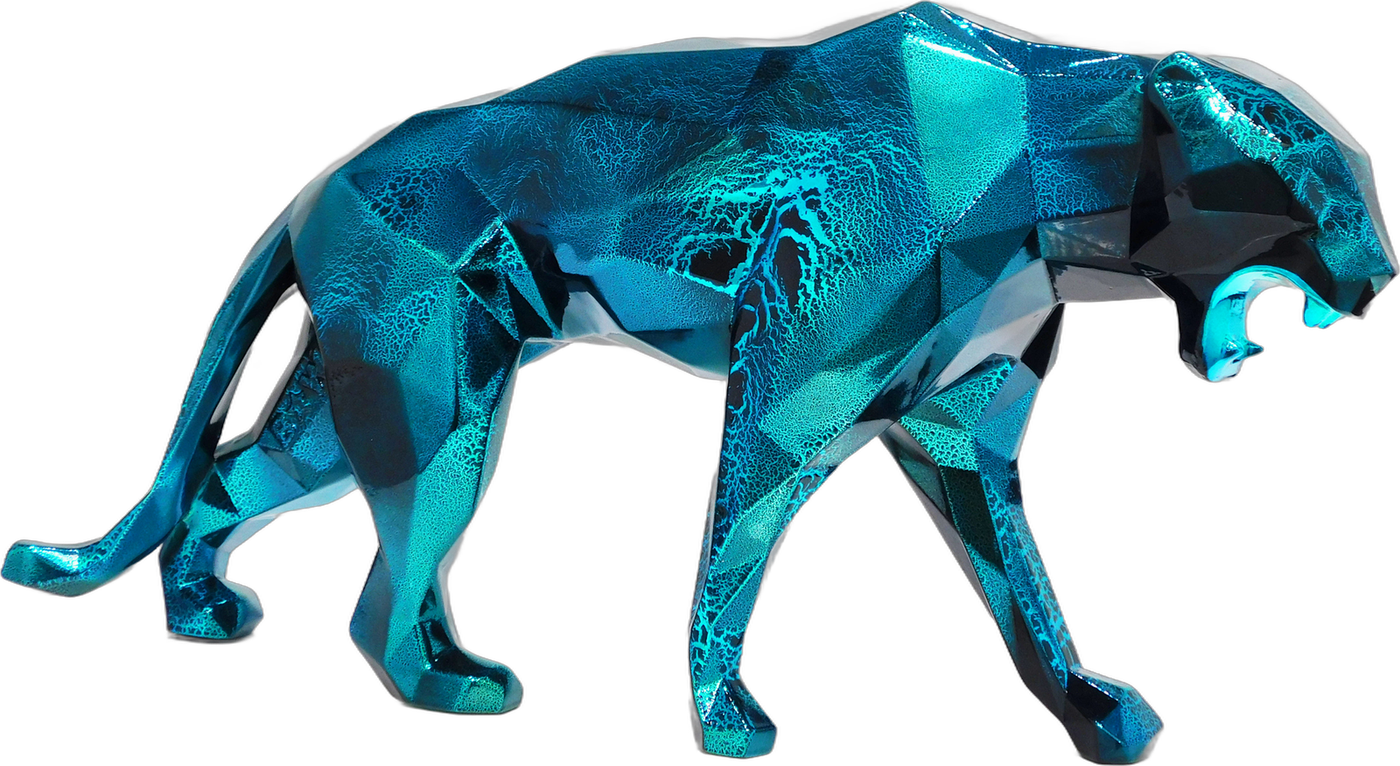 Panther Chrome Crackled Turquoise 60 cm by Richard Orlinski, faceted panther walking, cut out on an ivory background