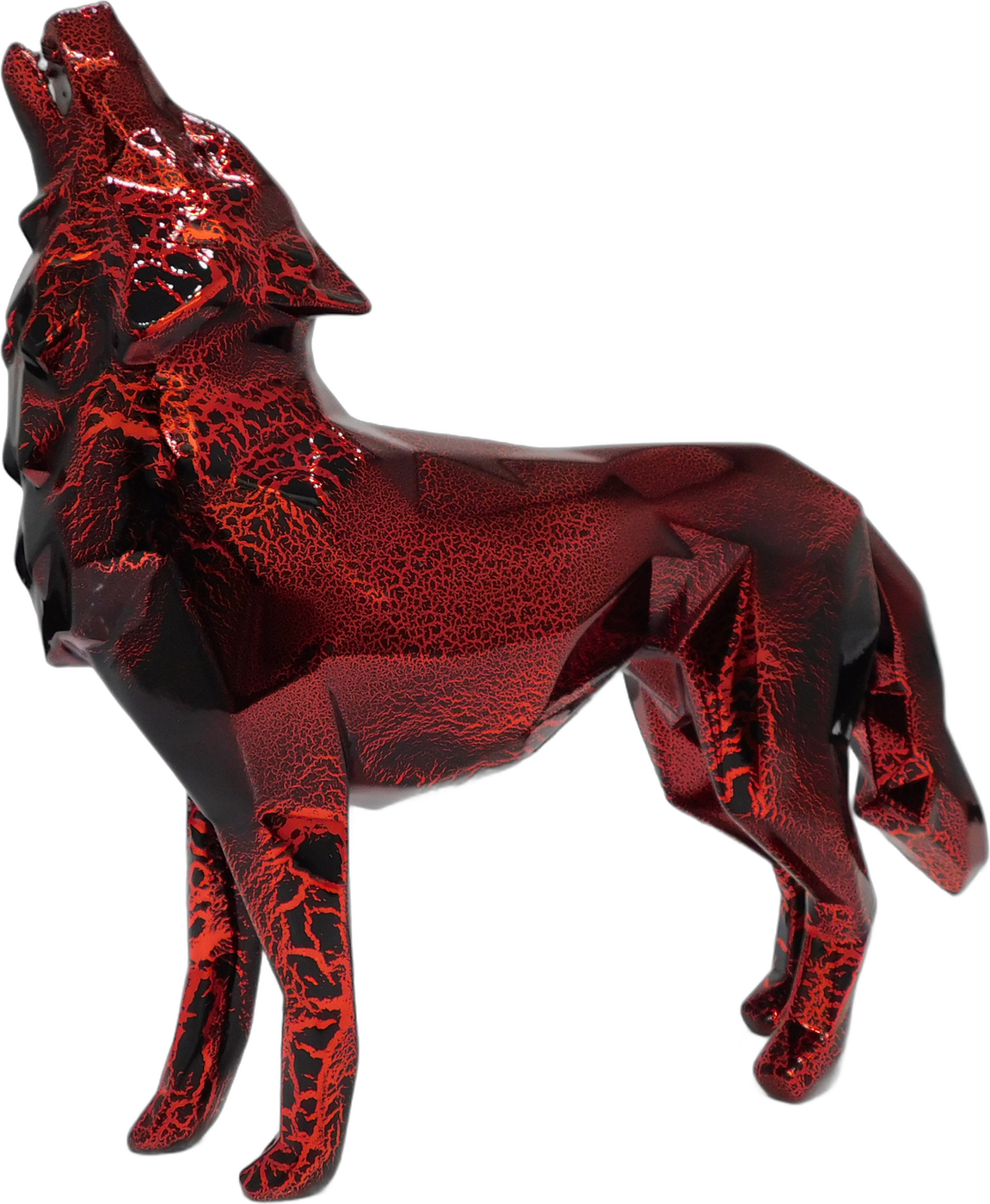 Howling Wolf Chrome Crackled Red 40 cm (1/1) by Richard Orlinski, resin sculpture shown cut out on a charcoal background